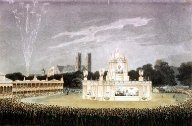 Tűzijáték a Green Parkban Napóleon vereségének megünneplésére, Matthew Dubourg pub metszetével. 1814 (metszet)