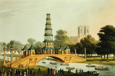 A kínai híd és pagoda, amelyet az 1814-es dicsőséges béke emlékére emeltek a parkban, metszett Matthew Dubourg (fl.1785-20)