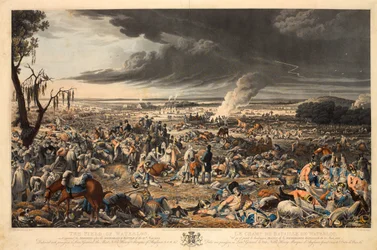 „A Waterloo mező, ahogy az 1815. június 18-i emlékezetes csata után reggel megjelent” (akvatinta, színes)