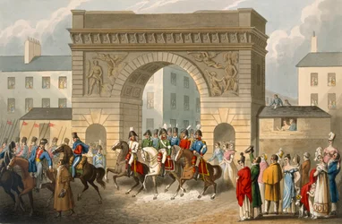 A szövetségesek bejárata Párizsba, Matthew Dubourg (fl.1813-20) metszete a „Történelmi, katonai és haditengerészeti anekdoták” című kocsmából. írta: Edward Orme (1774-1820 körül) 1818 (akvatinta)