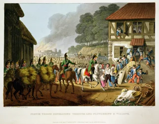 Francia csapatok visszavonulva és kifosztva egy falut, Matthew Dubourg (fl.1813-20) metszete a „Történelmi, katonai és haditengerészeti anekdoták” című kocsmából. írta: Edward Orme (1774-1820 körül) 1816 (akvatinta)