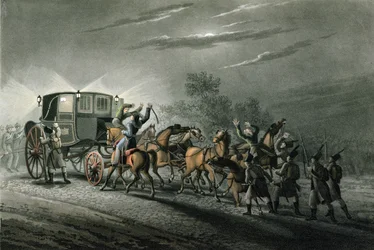 Bonaparte kocsijának, papírjának és kincseinek elfogása, von Keller őrnagy, Waterloo, 1815. június 18., metszet: Matthew Dubourg (fl.1813-20)