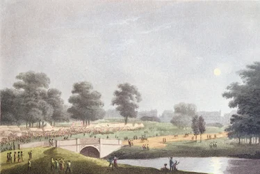 A Hyde Park-i vásár látképe, Matthew Dubourg metszete, 1814. augusztus 1. (színes metszet)