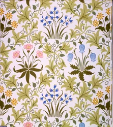 Celandine tapétatervezés, 1896 vége (színes fatömbnyomat papíron)
