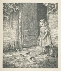 20. tábla. Egy fiatal lány és csibék, a "Nature Pictures"-ből, harminc eredeti illusztrációból álló sorozat, J. H. Dell fára rajzolta, és R. Paterson, John Henry Dell metszet