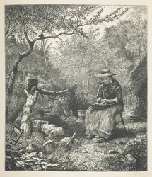 22. tábla. Egy nő kint főz, a „Nature Pictures”-ből, harminc eredeti illusztrációból álló sorozat, J. H. Dell fára rajzolta, R. Paterson metszet.John Henry Dell