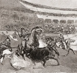 Bikaviadal Sevillában, Spanyolországban, a „The Century Illustrated Monthly Magazine” című, 1884-ben kiadott magazinból (fametszet)