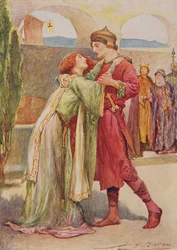 Posthumus és Imogen in Cymbeline from Childrens Stories from Shakespeare, Edith Nesbit (1858-1924) pub. szerző: Raphael Tuck & Sons Ltd., London (könyvillusztráció)