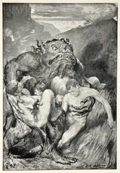 A gonosz démonja heves tombolásával mohón megragadta őket, M.I. „A brit faj hősi mítoszai és legendái” című művéből. Ebbutt, 1910