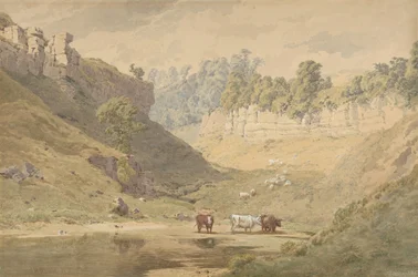 Szarvasmarha egy itatólyukban egy völgyben, 1830-86.