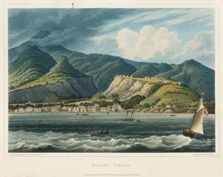 Roseau városa, Dominique (Karaibes-szigetek). John Herbert Caddy hadnagy (1801-1883) litográfiája (32,2x46,6 cm).