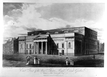 A New Theatre Royal keleti frontja, Covent Garden, vésette Richard Reeve, 1809