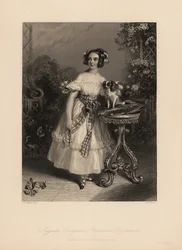 Augusta Georgina Frederica Fitzclarence, Lord Frederic Fitzclarence lánya, IV. Vilmos király törvénytelen fia. Haját gyűrűkben és szalagokban hordja, vállra szabott ruhát hord, pánttal megkötve, párnán egy Károly király spánielt tart.