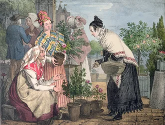 A párizsi virágpiac, Charles Joseph Hullmandel (1789-1850) metszete, 1821-ben megjelent