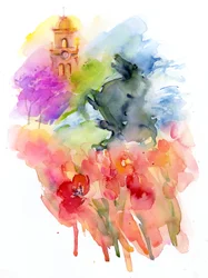 Pláza piros tulipánokkal, 2016, (akvarell)