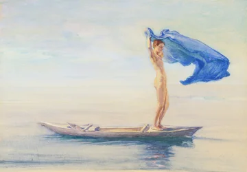 Lány kenu orrában, kiteríti az ágyékát vitorlához, Szamoa, 1895-96 körül (wc és gouache a fedélzeten)