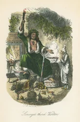 A karácsonyi ajándék szelleme megjelenik Scrooge-nak. Illusztráció: John Leech (1817-64) Charles Dickens számára A Christmas Carol, London 1843-1834.