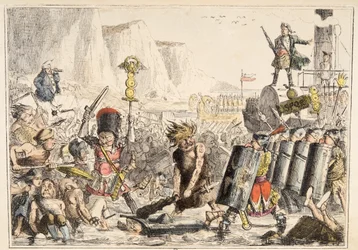 Julius Caesar partraszállása a The Comic History of England-ből, pub. 1864 (kézzel színezett rézkarc)