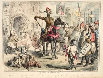 Hódító Vilmos megvizsgálja az önkénteseket az angliai invázió előtt, The Comic History of England, pub. 1864 (kézzel színezett rézkarc)