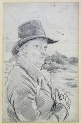 William Blake kalapban, (felirat: Wm Blake at Hampstead) 1825 körül (ceruza)
