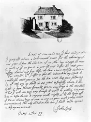 Fakszimile egy levélről, amely azt a házat illusztrálja, amelyben Locke (1632-1704) született Wringtonban, Somersetben (toll és tinta papíron)
