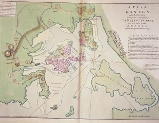 Boston és környékének terve, amely bemutatja a brit és a lázadó amerikai erők helyzetét, 1775 októberében készült, „Az észak-amerikai atlaszban”