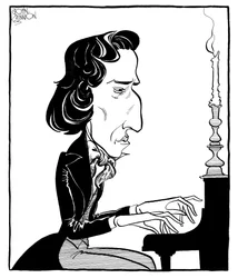 Frederic Chopin - a lengyel zeneszerző és zongoraművész karikatúrája zongorázik