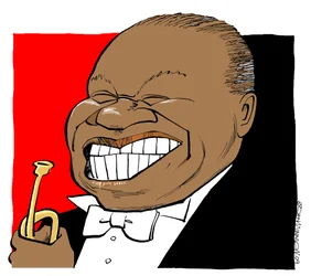 Louis Armstrong - karikatúra, trombitán játszik
