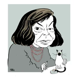 Patricia Highsmith - karikatúra a macskájával, dohányzik