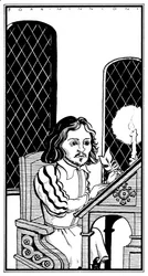 Thomas Tallis - karikatúra íróasztalnál ülve - angol zeneszerző - 1505. január 30. - 1585. november 23.