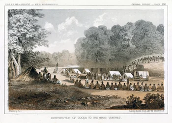 Áruk kiosztása a Gros Ventres, pub. 1860