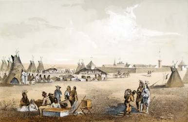 Fort Union, és az áruk elosztása az Assiniboine-ba, pub. 1860