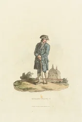 Anglia - 12. tábla. Greenwichi nyugdíjas falábú, botra támaszkodó nyugdíjas (aquatinta)