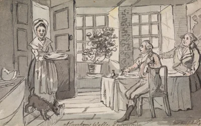 Asztalnál ülő alakok, akiknek ételt szolgálnak fel, Crockem Wells, Devonshire