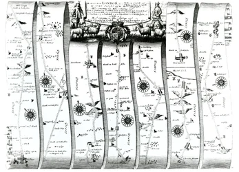 Az út Londonból Wellsbe és Bury St. Edmundsba, Ogilby „Britannia” című művéből, 1675 (metszet)