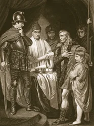 Baliol átadja koronáját I. Edwardnak, J. Parker metszete, illusztráció David Hume „Anglia története” című kocsmából. R. Bowyer, London, 1812