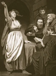 Joan of Arc kijelenti küldetését, T. Holloway metszet, illusztráció David Hume „Anglia története” című kocsmájából. R. Bowyer, London, 1812