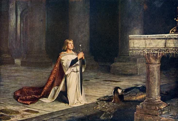 Lovagjelölt fegyvervirrasztást tart lovaggá avatása előtt, illusztráció A. R. Hope Moncrieff Romance and Legend of Chivalry című művéből