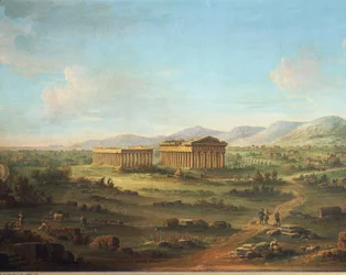 Paestum két nagyszerű temploma, a Bazilika bal oldalon és a Neptunusz vagy Poszeidon templom jobb oldalon, John Robert Cozens