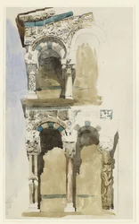 A luccai Foro államban elpusztult San Michele-templom homlokzatának része, színes vázlattal, 1846. június 30. és július 1. között (akvarell grafit felett, szőtt papíron)