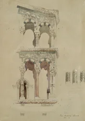 A luccai foro-i San Michele templom homlokzatának része, ahogyan 1845-ben megjelent, Ma