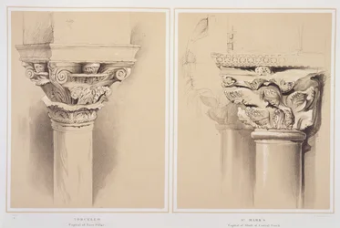 Torcello, a hajóoszlop és a Szent Márk fővárosa, a Central Porch fővárosa, John Ruskin „Példák a velencei építészetre” című művéből, G. Rosenthal metszet, 1851