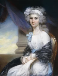 Sophia Vansittart kisasszony portréja, háromnegyed alakban, fehér ruhában, porozott haja körül fehér szalaggal és vállára terített fekete kendővel, klasszikus oszlop mellett ülve