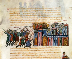 Egy erőd megtámadása, miniatűr a "Synopsis historiarum", 1126-1150 körül