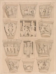 Fővárosok és A & B domborművek a Saint Georges de Bocherville-i apátsági templomban, Rouen közelében, Normandiában