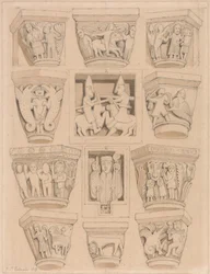 Kapitálisok és A  bélyeg; B Bas-hitvallások a Saint Georges de Bocherville apátsági templomban, Rouen közelében, Normandiában.