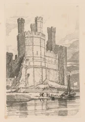 Tanulmányok könyve: Plate 28, Caernarvon Castle, N. Wales, 1838
