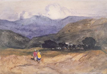 Hegyi táj figurákkal (akvarell és gouache papíron)