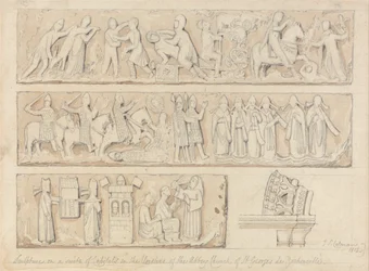 Szobrászat a Saint Georges de Bocherville apátsági templom kerengőjében, Rouen közelében, Normandiában, a kapitálisok egyik szvitjén.