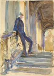 Sir Neville Wilkinson a Palladian híd lépcsőjén a Wilton House-ban, 1904-5 (akvarell grafit felett, szőtt papíron)